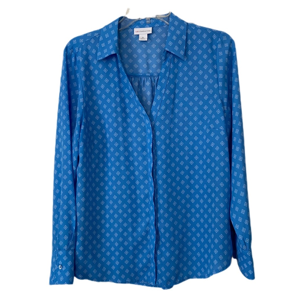 Liz Claiborne Azure and White Patterned Blouse Size LP - Picture 3 of 12